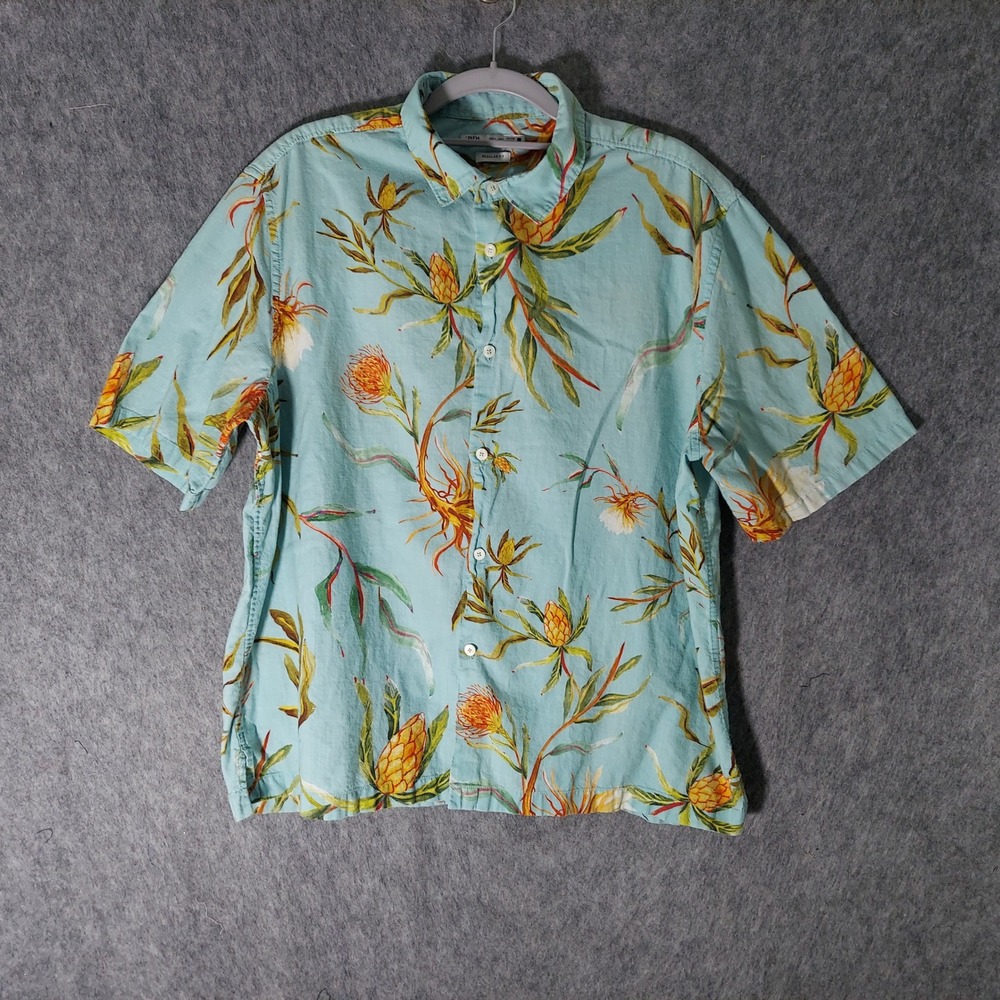 Zara Men Hawaiian Cotton Button Shirt L Floral Short Sleeve Blue Tropical Beach